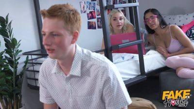 Wild Nicol & Marilyn Sugar share a hot threesome with a horny ginger teen nerd who twice cums in the exam - sexu.com