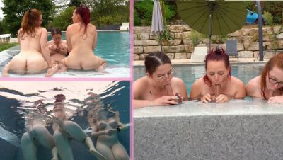 French Lesbian Threesome Pool Fingering with Big Natural Tits and Huge Dildo - porntry.com - France