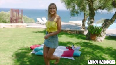 Blonde woman takes a large cock from behind by the pool on vacation - yesvids.com