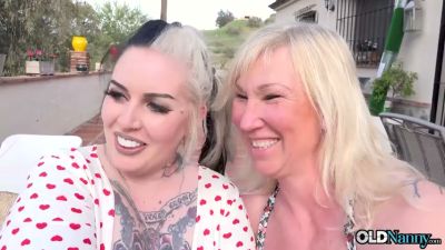 Mature blonde in red polka dot dress takes a man deeply on a zebra couch - yesvids.com